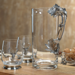 St. Anton Pewter and Glass Pitcher and Tumblers